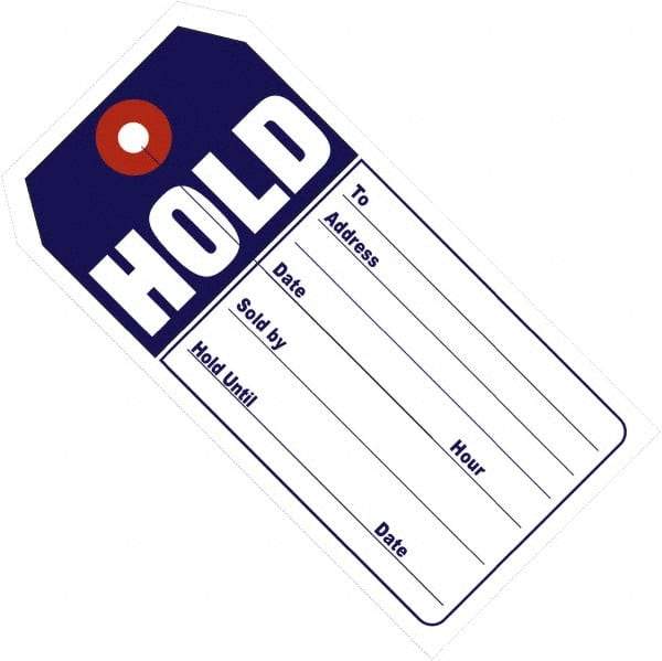 Made in USA - 4-3/4" High x 2-3/8" Long, Hold, English Safety & Facility Retail Tag - Blue & White Cardstock - USA Tool & Supply