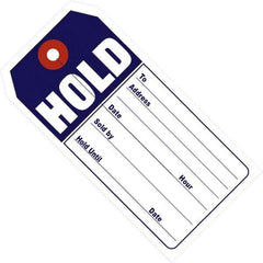 Made in USA - 4-3/4" High x 2-3/8" Long, Hold, English Safety & Facility Retail Tag - Blue & White Cardstock - USA Tool & Supply