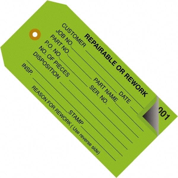 Made in USA - 4-3/4" High x 2-3/8" Long, REPAIRABLE OR REWORK, English Safety & Facility Inspection Tag - Green Cardstock - USA Tool & Supply