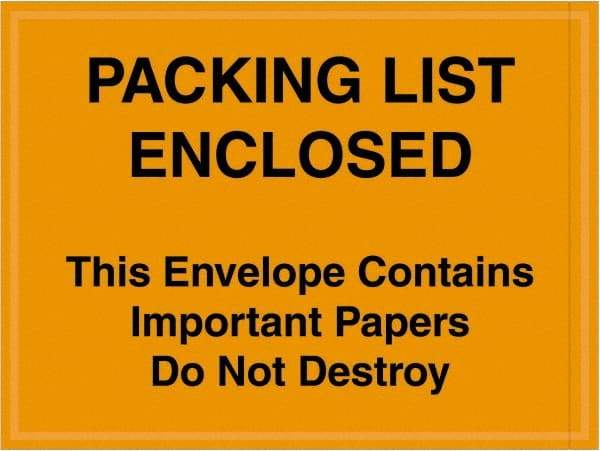 Value Collection - 1,000 Piece, 4-1/2" Long x 6" Wide, Packing List Envelope - Important Papers Enclosed, Orange - USA Tool & Supply