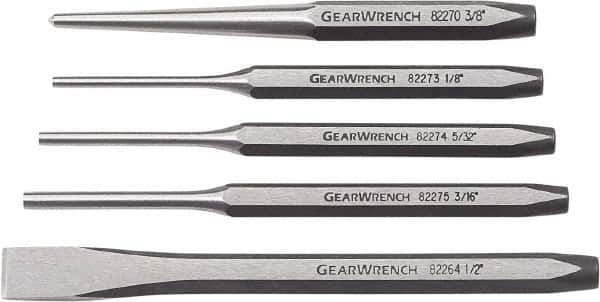 GearWrench - 5 Piece Cold Chisel, Center & Pin Punch Set - 3/8 to 1/2" Chisel, 3/8 to 1/2" Punch, Hex Shank - USA Tool & Supply