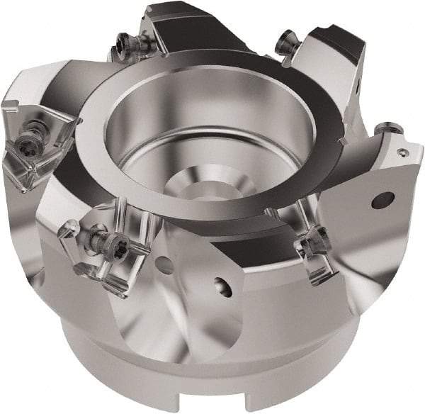 Seco - 80mm Cut Diam, 27mm Arbor Hole, 6.96mm Max Depth of Cut, 92° Indexable Chamfer & Angle Face Mill - 6 Inserts, XNEX080816 Insert, Right Hand Cut, 6 Flutes, Through Coolant, Series R220.79 - USA Tool & Supply