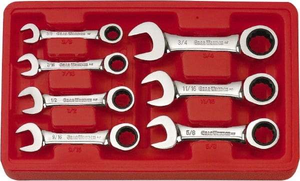 GearWrench - 7 Piece, 3/8" to 3/4", 12 Point Ratcheting Combination Wrench Set - Inch Measurement Standard, Chrome Finish, Comes in Plastic Tray - USA Tool & Supply