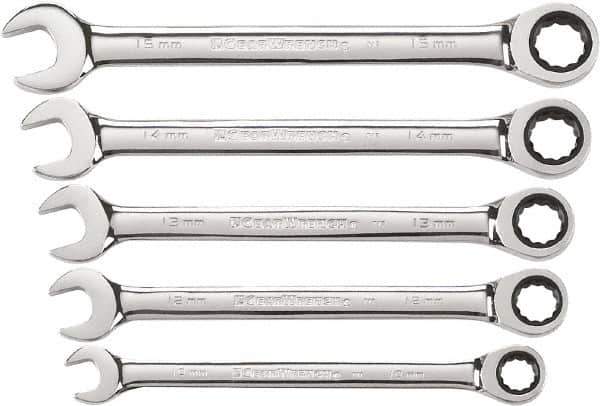 GearWrench - 5 Piece, 10mm to 15mm, 12 Point Combination Wrench Set - Metric Measurement Standard, Chrome Finish - USA Tool & Supply