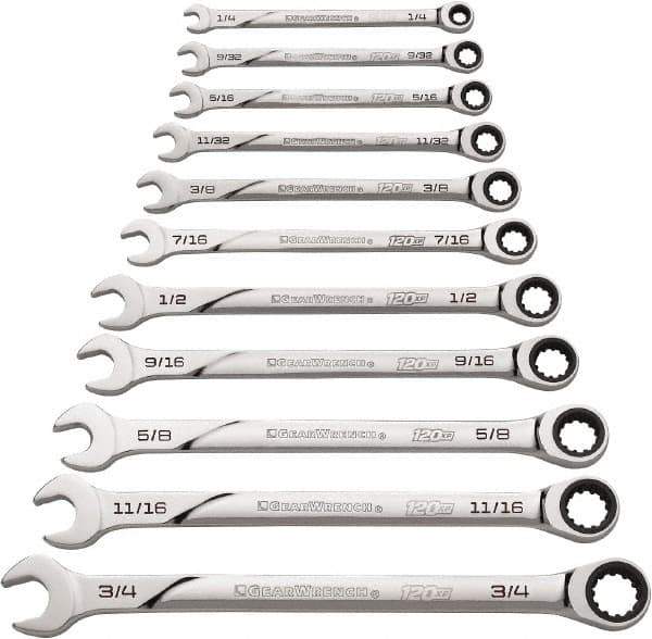 GearWrench - 11 Piece, 1/4" to 3/4", Ratcheting Combination Wrench Set - Inch Measurement Standard, Chrome Finish - USA Tool & Supply