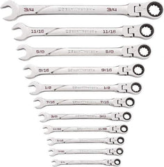 GearWrench - 11 Piece, 1/4" to 3/4", Ratcheting Flexhead Combination Wrench Set - Inch Measurement Standard, Chrome Finish - USA Tool & Supply