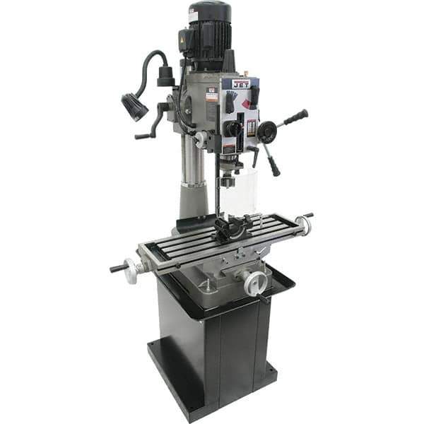 Jet - 1 Phase, 20-1/2" Swing, Geared Head Mill Drill Combination - 32-1/4" Table Length x 9-1/2" Table Width, 20-1/2" Longitudinal Travel, 8-1/4" Cross Travel, 6 Spindle Speeds, 1.5 hp, 115/230 Volts - USA Tool & Supply