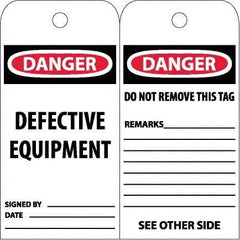 NMC - 6" High x 3" Long, DANGER - DEFECTIVE EQUIPMENT, English Safety & Facility Accident Prevention Tag - Tag Header: Danger, 2 Sides, White Poly - USA Tool & Supply