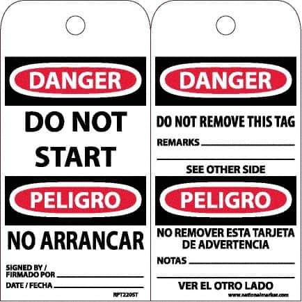 NMC - 6" High x 3" Long, DANGER - DO NOT START, English & Spanish Safety & Facility Accident Prevention Tag - Tag Header: Danger, 2 Sides, White Poly - USA Tool & Supply