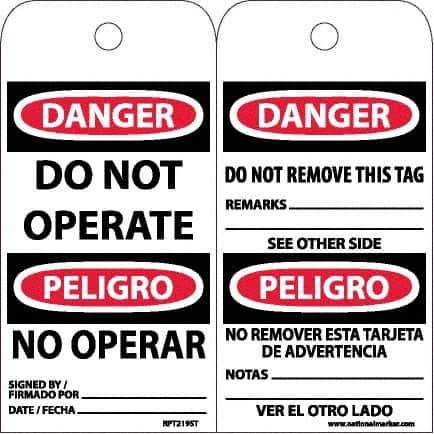 NMC - 6" High x 3" Long, DANGER - DO NOT OPERATE, English & Spanish Safety & Facility Accident Prevention Tag - Tag Header: Danger, 2 Sides, White Poly - USA Tool & Supply