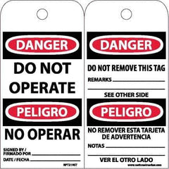NMC - 6" High x 3" Long, DANGER - DO NOT OPERATE, English & Spanish Safety & Facility Accident Prevention Tag - Tag Header: Danger, 2 Sides, White Poly - USA Tool & Supply