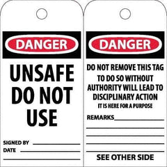 NMC - 6" High x 3" Long, DANGER - UNSAFE DO NOT USE, English Safety & Facility Accident Prevention Tag - Tag Header: Danger, 2 Sides, White Poly - USA Tool & Supply