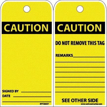 NMC - 6" High x 3" Long, CAUTION, English Safety & Facility Accident Prevention Tag - Tag Header: CAUTION, 2 Sides, White Poly - USA Tool & Supply