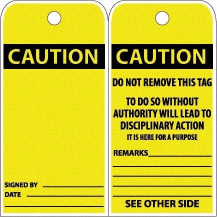 NMC - 6" High x 3" Long, CAUTION, English Safety & Facility Accident Prevention Tag - Tag Header: CAUTION, 2 Sides, White Poly - USA Tool & Supply