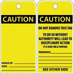 NMC - 6" High x 3" Long, CAUTION, English Safety & Facility Accident Prevention Tag - Tag Header: CAUTION, 2 Sides, White Poly - USA Tool & Supply