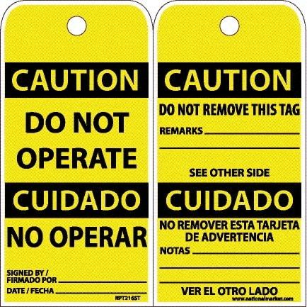 NMC - 6" High x 3" Long, CAUTION - DO NOT OPERATE, English & Spanish Safety & Facility Accident Prevention Tag - Tag Header: CAUTION, 2 Sides, White Poly - USA Tool & Supply