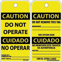 NMC - 6" High x 3" Long, CAUTION - DO NOT OPERATE, English & Spanish Safety & Facility Accident Prevention Tag - Tag Header: CAUTION, 2 Sides, White Poly - USA Tool & Supply