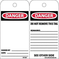 NMC - 4" High x 8" Long, DANGER, English Safety & Facility Accident Prevention Tag - Tag Header: Danger, 2 Sides, White Poly - USA Tool & Supply