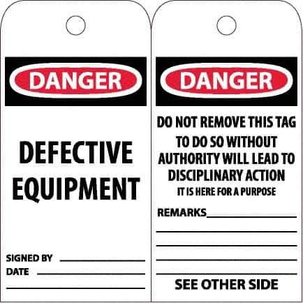 NMC - 6" High x 3" Long, DANGER - DEFECTIVE EQUIPMENT, English Safety & Facility Accident Prevention Tag - Tag Header: Danger, 2 Sides, White Poly - USA Tool & Supply