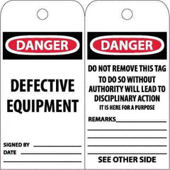 NMC - 6" High x 3" Long, DANGER - DEFECTIVE EQUIPMENT, English Safety & Facility Accident Prevention Tag - Tag Header: Danger, 2 Sides, White Poly - USA Tool & Supply