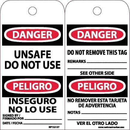 NMC - 6" High x 3" Long, DANGER - UNSAFE DO NOT USE, English & Spanish Safety & Facility Accident Prevention Tag - Tag Header: Danger, 2 Sides, White Poly - USA Tool & Supply