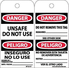 NMC - 6" High x 3" Long, DANGER - UNSAFE DO NOT USE, English & Spanish Safety & Facility Accident Prevention Tag - Tag Header: Danger, 2 Sides, White Poly - USA Tool & Supply