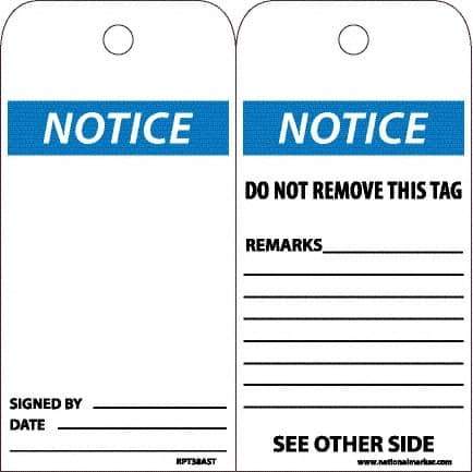 NMC - 6" High x 3" Long, Notice, English Safety & Facility Accident Prevention Tag - Tag Header: Notice, 2 Sides, White Poly - USA Tool & Supply
