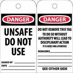 NMC - 6" High x 3" Long, DANGER - UNSAFE DO NOT USE, English Safety & Facility Accident Prevention Tag - Tag Header: Danger, 2 Sides, White Unrippable Vinyl - USA Tool & Supply