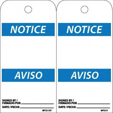 NMC - 6" High x 3" Long, Notice, English & Spanish Safety & Facility Accident Prevention Tag - Tag Header: Notice, 2 Sides, White Poly - USA Tool & Supply