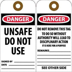 NMC - 6" High x 3" Long, DANGER - UNSAFE DO NOT USE, English Safety & Facility Accident Prevention Tag - Tag Header: Danger, 2 Sides, White Unrippable Vinyl - USA Tool & Supply