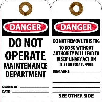 NMC - 6" High x 3" Long, DANGER - DO NOT OPERATE - MAINTENANCE DEPARTMENT, English Safety & Facility Accident Prevention Tag - Tag Header: Danger, 2 Sides, White Unrippable Vinyl - USA Tool & Supply