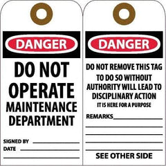 NMC - 6" High x 3" Long, DANGER - DO NOT OPERATE - MAINTENANCE DEPARTMENT, English Safety & Facility Accident Prevention Tag - Tag Header: Danger, 2 Sides, White Unrippable Vinyl - USA Tool & Supply