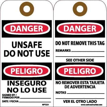 NMC - 6" High x 3" Long, DANGER - UNSAFE DO NOT USE, English & Spanish Safety & Facility Accident Prevention Tag - Tag Header: Danger, 2 Sides, White Unrippable Vinyl - USA Tool & Supply