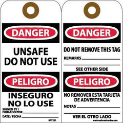NMC - 6" High x 3" Long, DANGER - UNSAFE DO NOT USE, English & Spanish Safety & Facility Accident Prevention Tag - Tag Header: Danger, 2 Sides, White Unrippable Vinyl - USA Tool & Supply