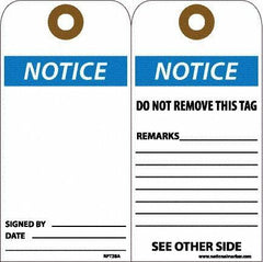 NMC - 6" High x 3" Long, Notice, English Safety & Facility Accident Prevention Tag - Tag Header: Notice, 2 Sides, White Unrippable Vinyl - USA Tool & Supply