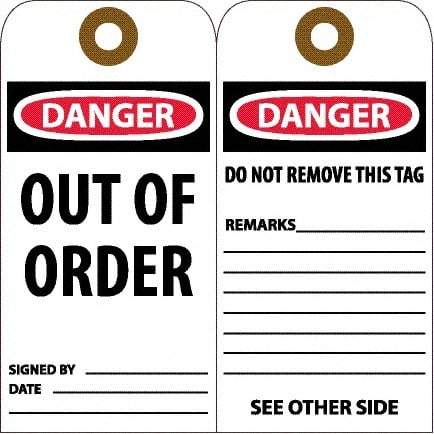 NMC - 6" High x 3" Long, DANGER - OUT OF ORDER, English Safety & Facility Accident Prevention Tag - Tag Header: Danger, 2 Sides, White Unrippable Vinyl - USA Tool & Supply