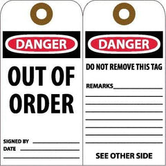 NMC - 6" High x 3" Long, DANGER - OUT OF ORDER, English Safety & Facility Accident Prevention Tag - Tag Header: Danger, 2 Sides, White Unrippable Vinyl - USA Tool & Supply