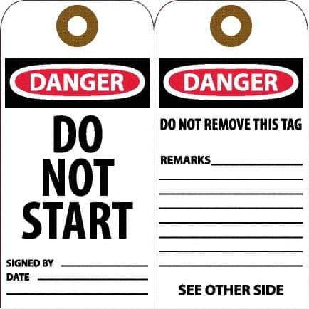 NMC - 6" High x 3" Long, DANGER - DO NOT START, English Safety & Facility Accident Prevention Tag - Tag Header: Danger, 2 Sides, White Unrippable Vinyl - USA Tool & Supply