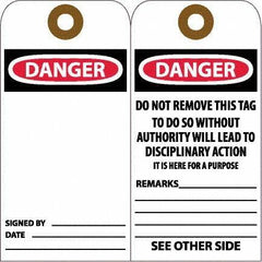 NMC - 6" High x 3" Long, DANGER, English Safety & Facility Accident Prevention Tag - Tag Header: Danger, 2 Sides, White Unrippable Vinyl - USA Tool & Supply