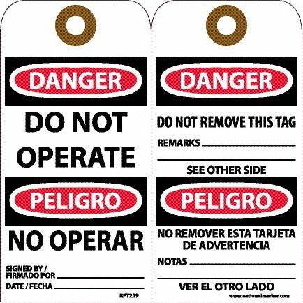 NMC - 6" High x 3" Long, DANGER - DO NOT OPERATE, English & Spanish Safety & Facility Accident Prevention Tag - Tag Header: Danger, 2 Sides, White Unrippable Vinyl - USA Tool & Supply