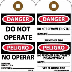 NMC - 6" High x 3" Long, DANGER - DO NOT OPERATE, English & Spanish Safety & Facility Accident Prevention Tag - Tag Header: Danger, 2 Sides, White Unrippable Vinyl - USA Tool & Supply