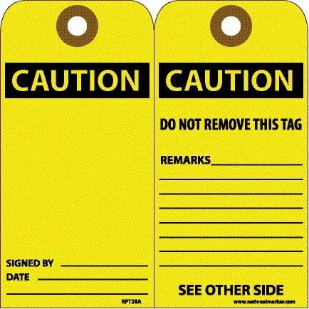NMC - 6" High x 3" Long, CAUTION, English Safety & Facility Accident Prevention Tag - Tag Header: CAUTION, 2 Sides, White Unrippable Vinyl - USA Tool & Supply