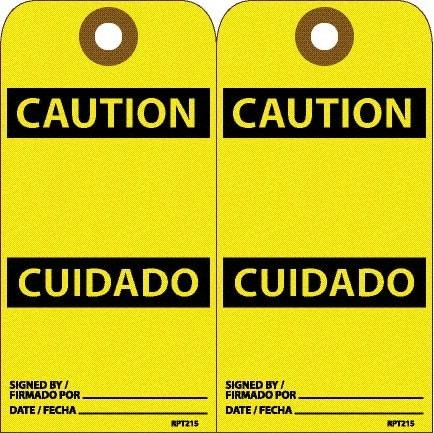 NMC - 6" High x 3" Long, CAUTION, English & Spanish Safety & Facility Accident Prevention Tag - Tag Header: CAUTION, 2 Sides, White Unrippable Vinyl - USA Tool & Supply