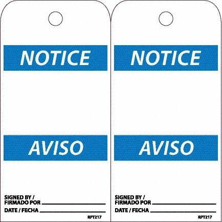 NMC - 6" High x 3" Long, Notice, English & Spanish Safety & Facility Accident Prevention Tag - Tag Header: Notice, 2 Sides, White Unrippable Vinyl - USA Tool & Supply