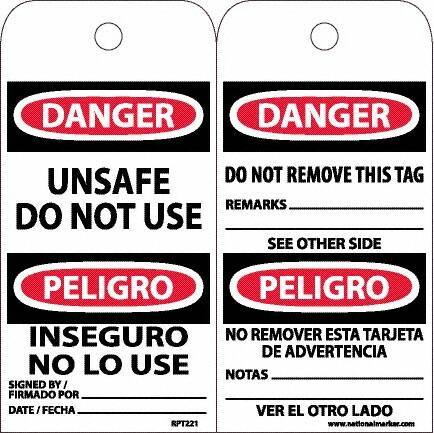 NMC - 6" High x 3" Long, DANGER - UNSAFE DO NOT USE, English & Spanish Safety & Facility Accident Prevention Tag - Tag Header: Danger, 2 Sides, White Unrippable Vinyl - USA Tool & Supply