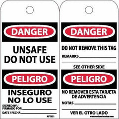 NMC - 6" High x 3" Long, DANGER - UNSAFE DO NOT USE, English & Spanish Safety & Facility Accident Prevention Tag - Tag Header: Danger, 2 Sides, White Unrippable Vinyl - USA Tool & Supply