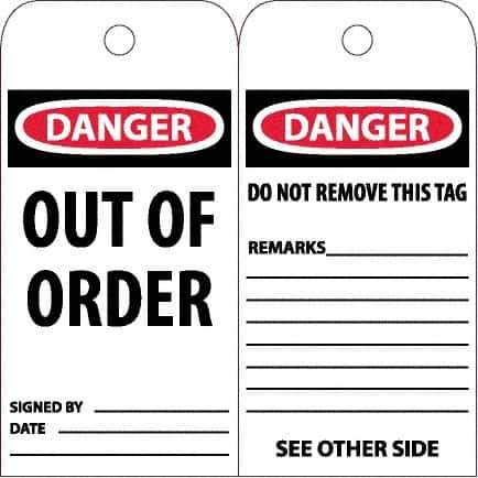 NMC - 6" High x 3" Long, DANGER - OUT OF ORDER, English Safety & Facility Accident Prevention Tag - Tag Header: Danger, 2 Sides, White Unrippable Vinyl - USA Tool & Supply