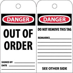 NMC - 6" High x 3" Long, DANGER - OUT OF ORDER, English Safety & Facility Accident Prevention Tag - Tag Header: Danger, 2 Sides, White Unrippable Vinyl - USA Tool & Supply