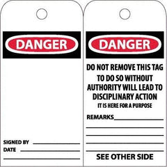 NMC - 6" High x 3" Long, DANGER, English Safety & Facility Accident Prevention Tag - Tag Header: Danger, 2 Sides, White Unrippable Vinyl - USA Tool & Supply