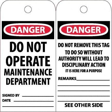 NMC - 6" High x 3" Long, DANGER - DO NOT OPERATE - MAINTENANCE DEPARTMENT, English Safety & Facility Accident Prevention Tag - Tag Header: Danger, 2 Sides, White Unrippable Vinyl - USA Tool & Supply
